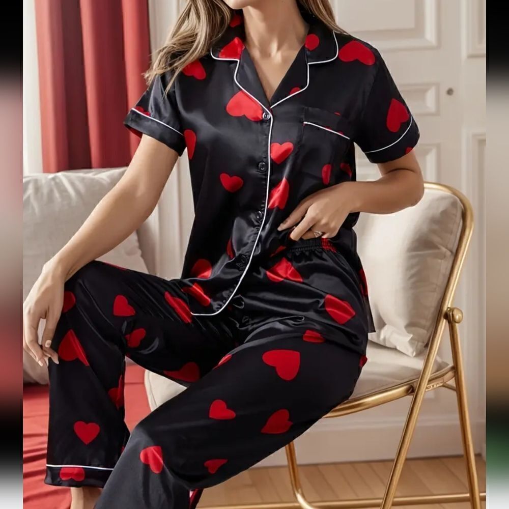 Silky Red Heart Sleepwear Set Black Short-sleeve Button-Down Top Matching Pant L